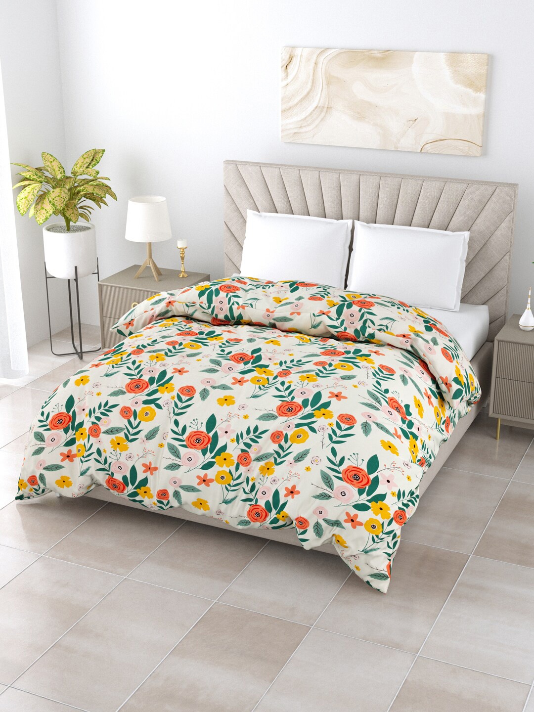 

Salona Bichona Impression White & Green Floral AC Room 150 GSM Double Bed Comforter