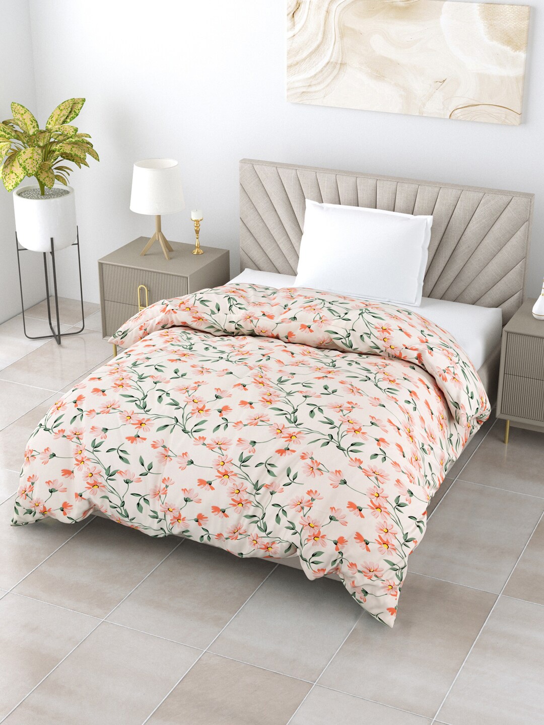 

Salona Bichona Impression White & Peach Floral AC Room 150 GSM Single Bed Comforter