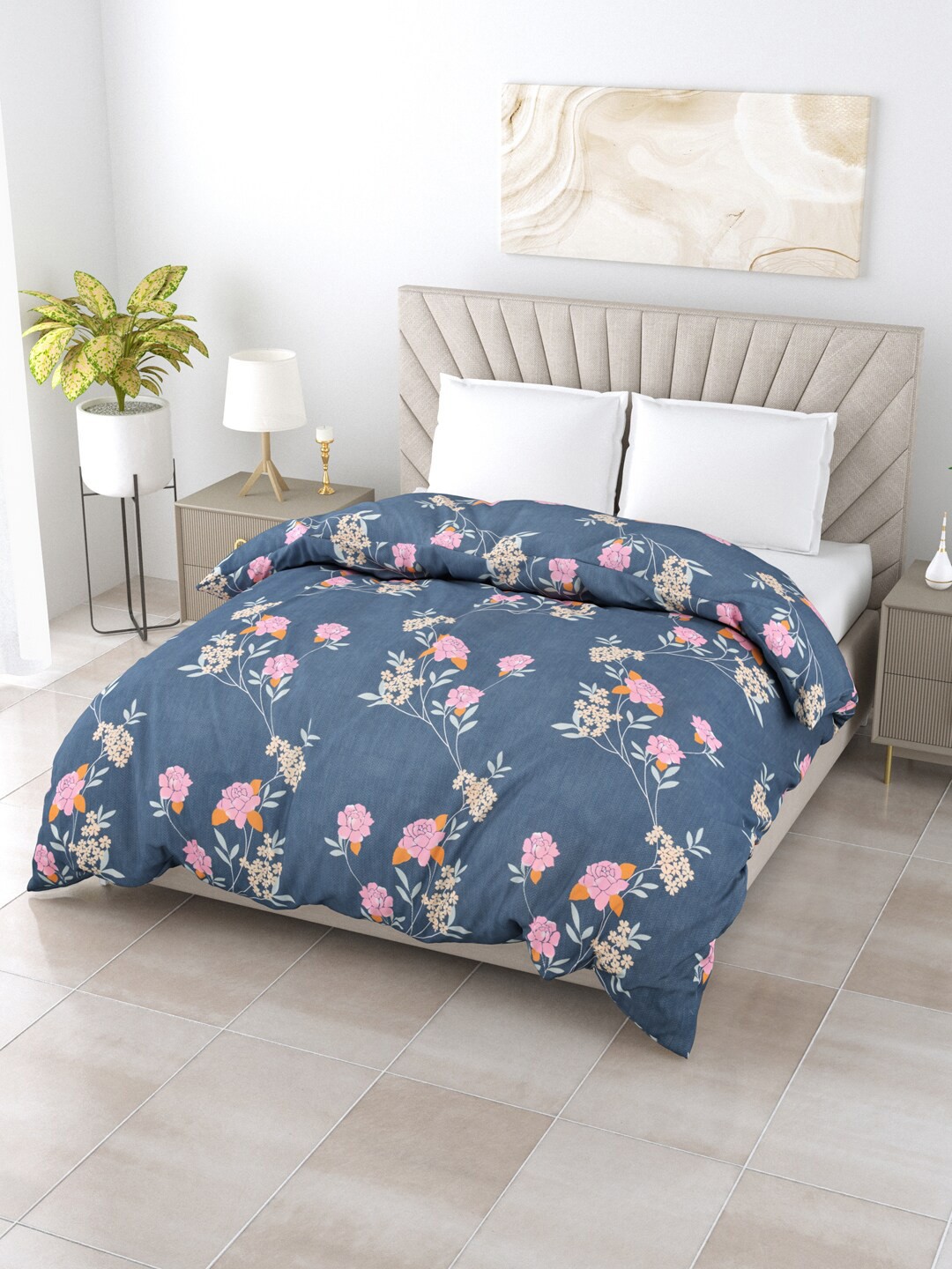 

Salona Bichona Impression Navy Blue & Pink Floral AC Room 150 GSM Double Bed Comforter