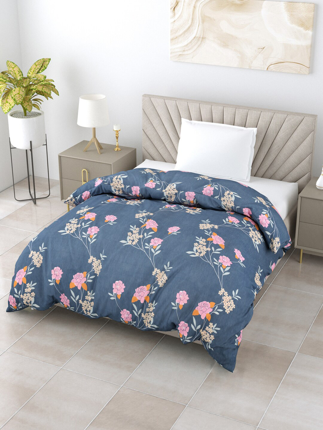 

Salona Bichona Impression Navy Blue & Pink Floral AC Room 150 GSM Single Bed Comforter