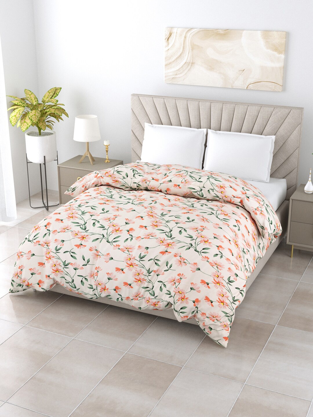 

Salona Bichona Impression Cream & Green Floral AC Room 150 GSM Double Bed Comforter