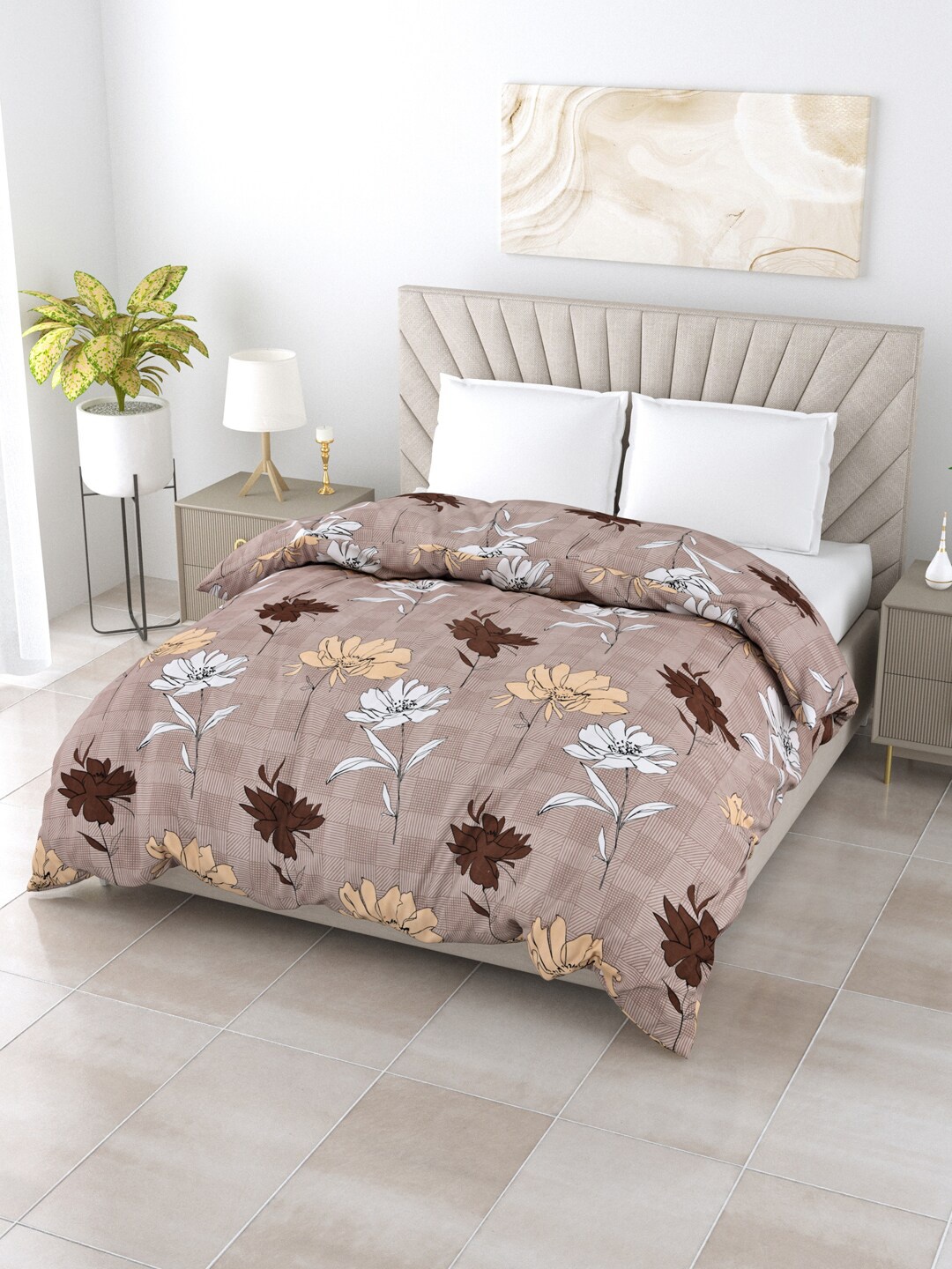 

Salona Bichona Brown & White Floral AC Room 150 GSM Double Bed Comforter
