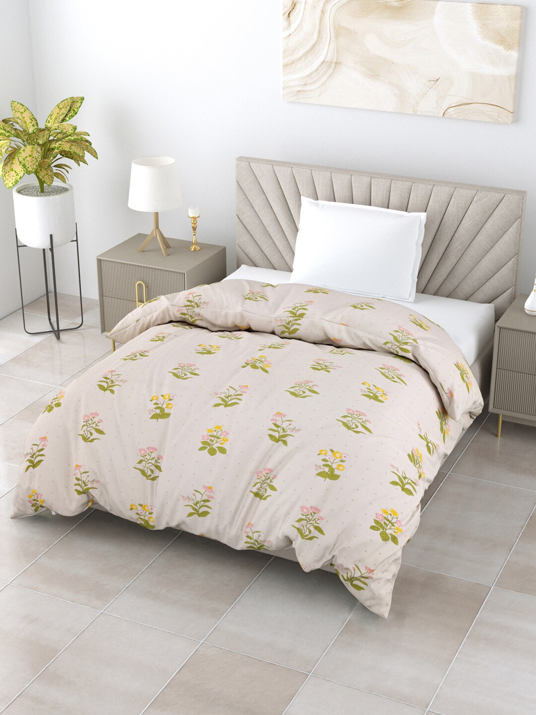 

Salona Bichona Impression Beige & Green Floral AC Room 150 GSM Single Bed Comforter