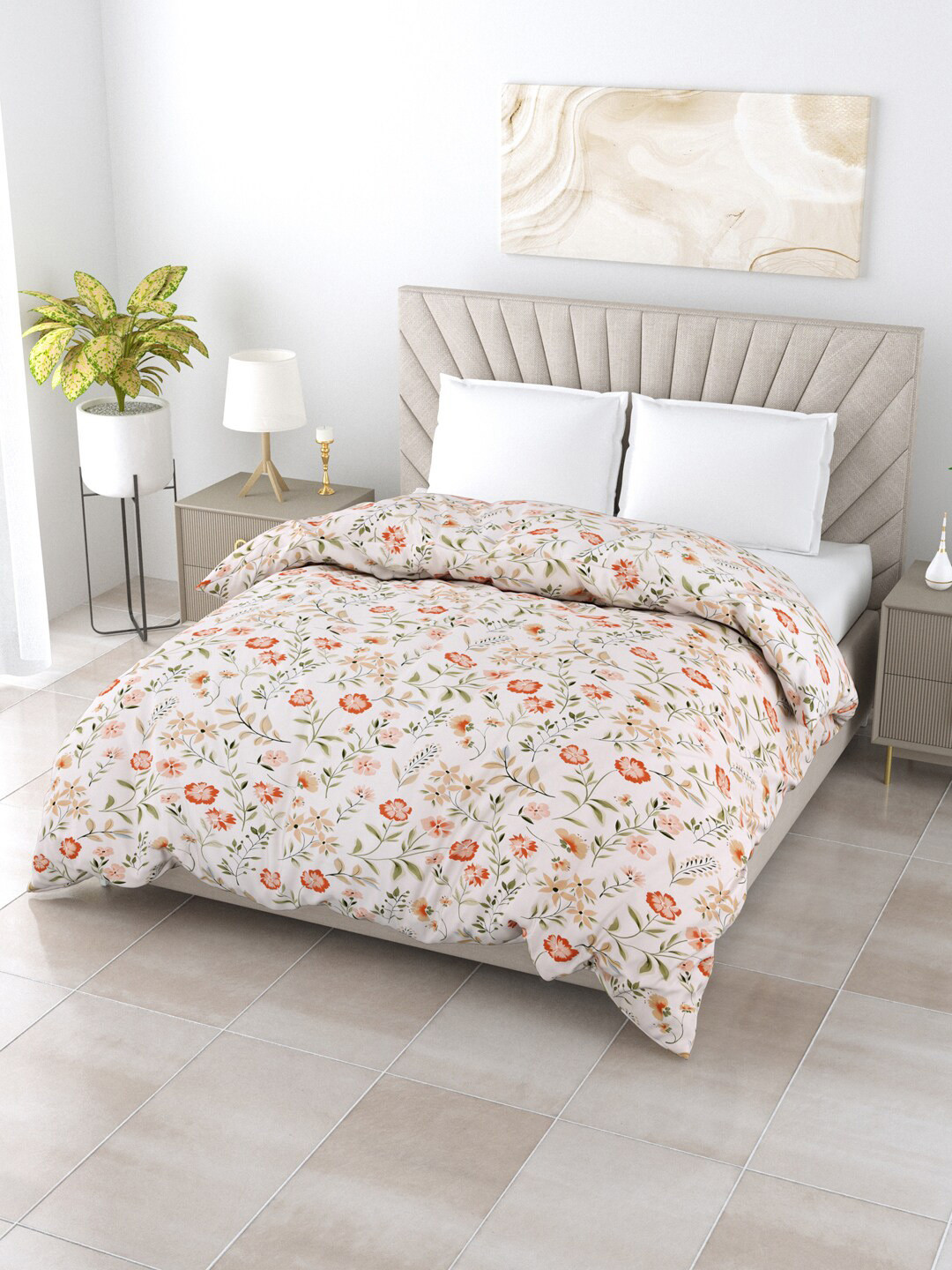 

Salona Bichona White & Orange Floral AC Room 150 GSM Double Bed Comforter