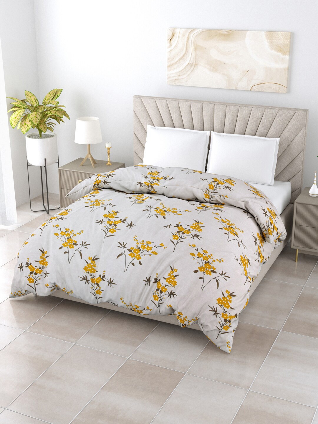 

Salona Bichona Off White & Yellow Floral AC Room 150 GSM Double Bed Comforter