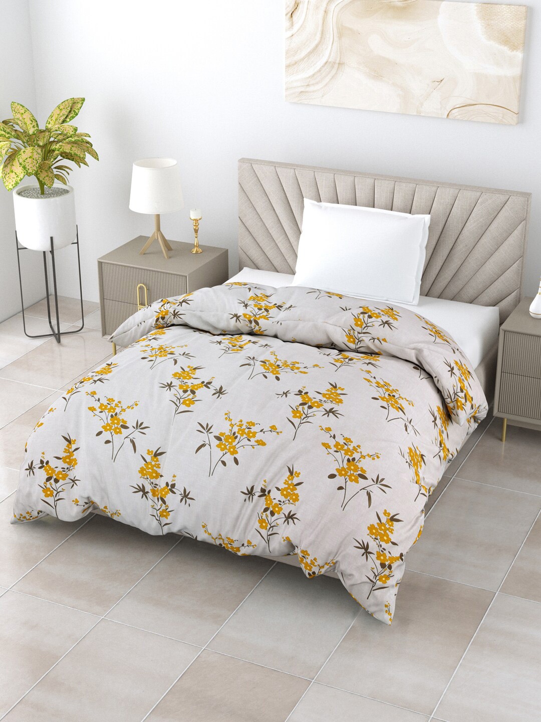 

Salona Bichona Grey & Yellow Floral AC Room 150 GSM Single Bed Comforter