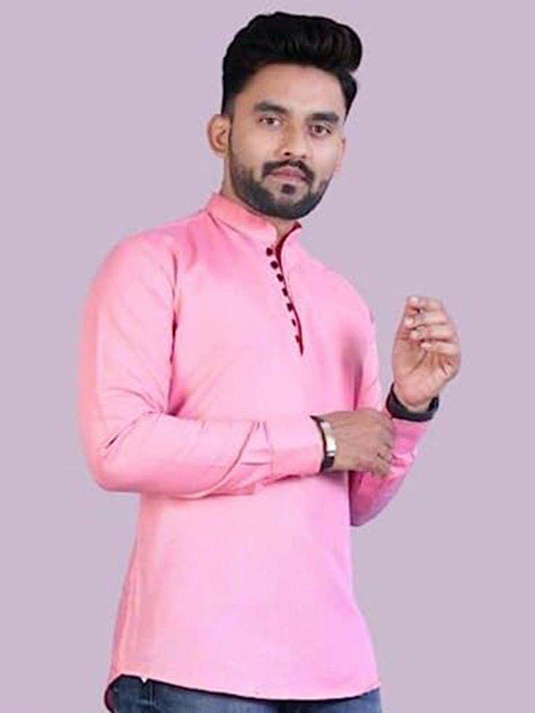 

N N ENTERPRISE India Slim Fit Mandarin Collar Pure Cotton Casual Shirt, Pink