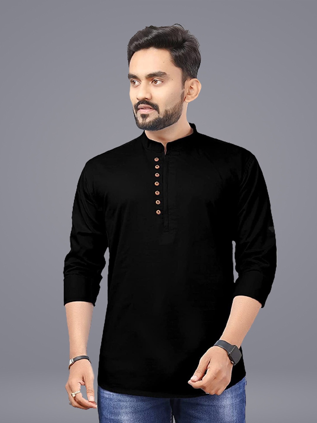 

N N ENTERPRISE India Slim Fit Mandarin Collar Pure Cotton Casual Shirt, Black