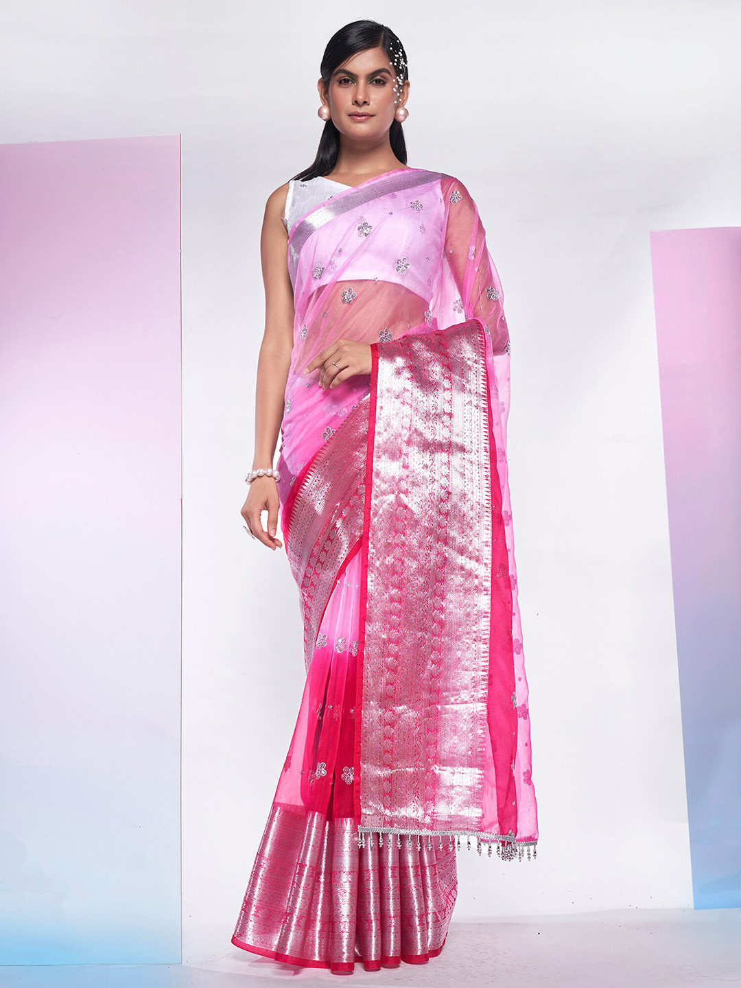 

Kalista Pink Floral Embroidered Organza Saree