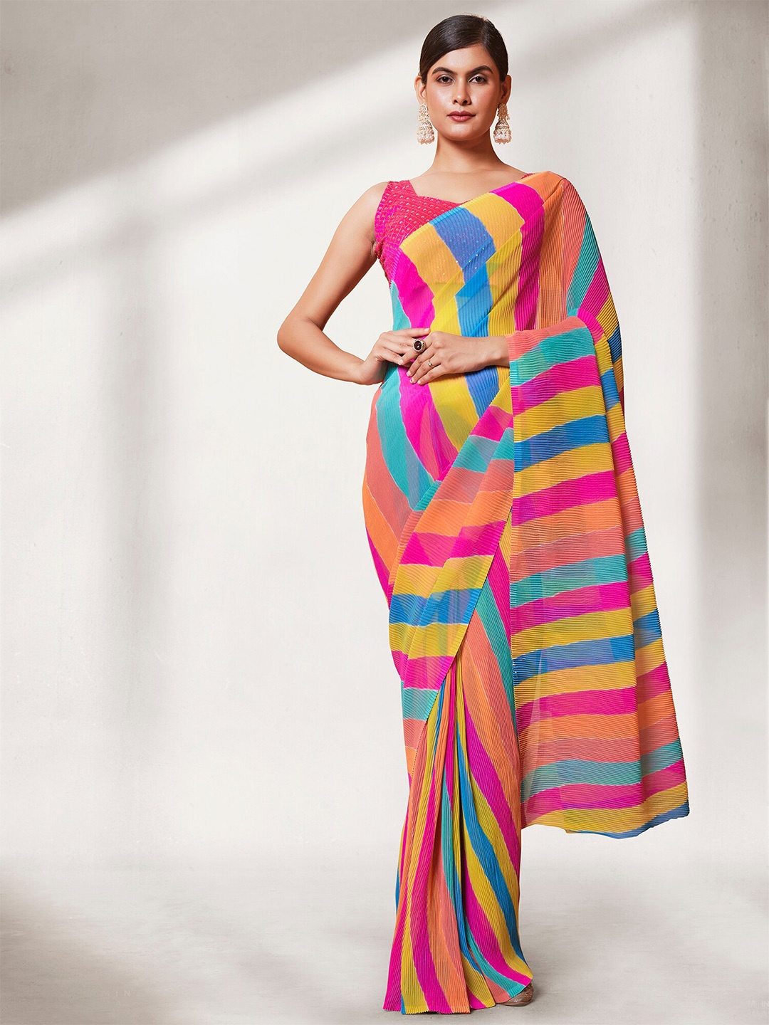 

Kalista Pink Striped Pure Georgette Saree