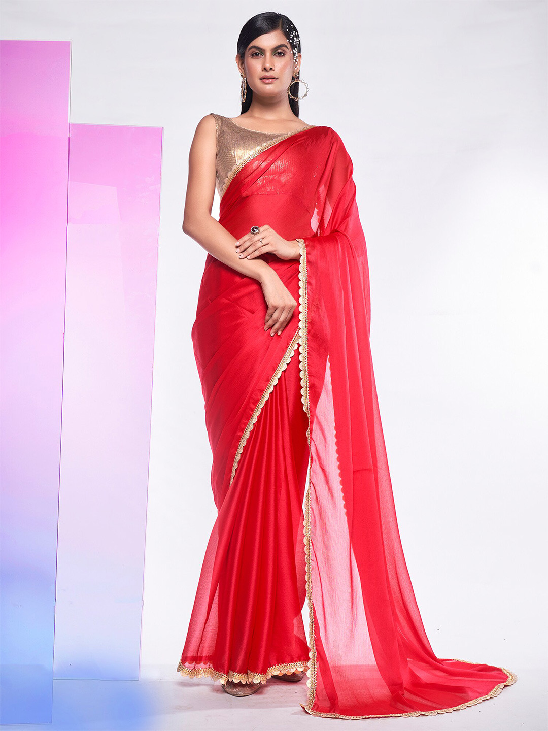 

Kalista Pink & Gold-Toned Embroidered Pure Georgette Saree