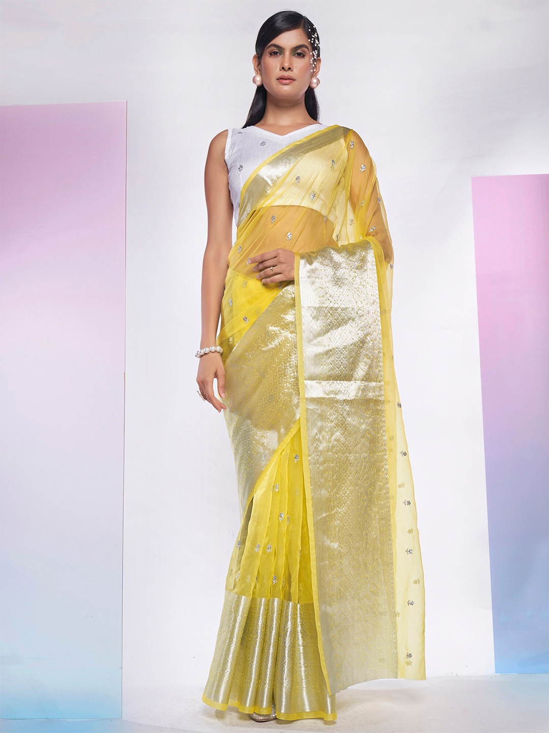 

Kalista Yellow & Silver-Toned Floral Embellished Zari Organza Saree