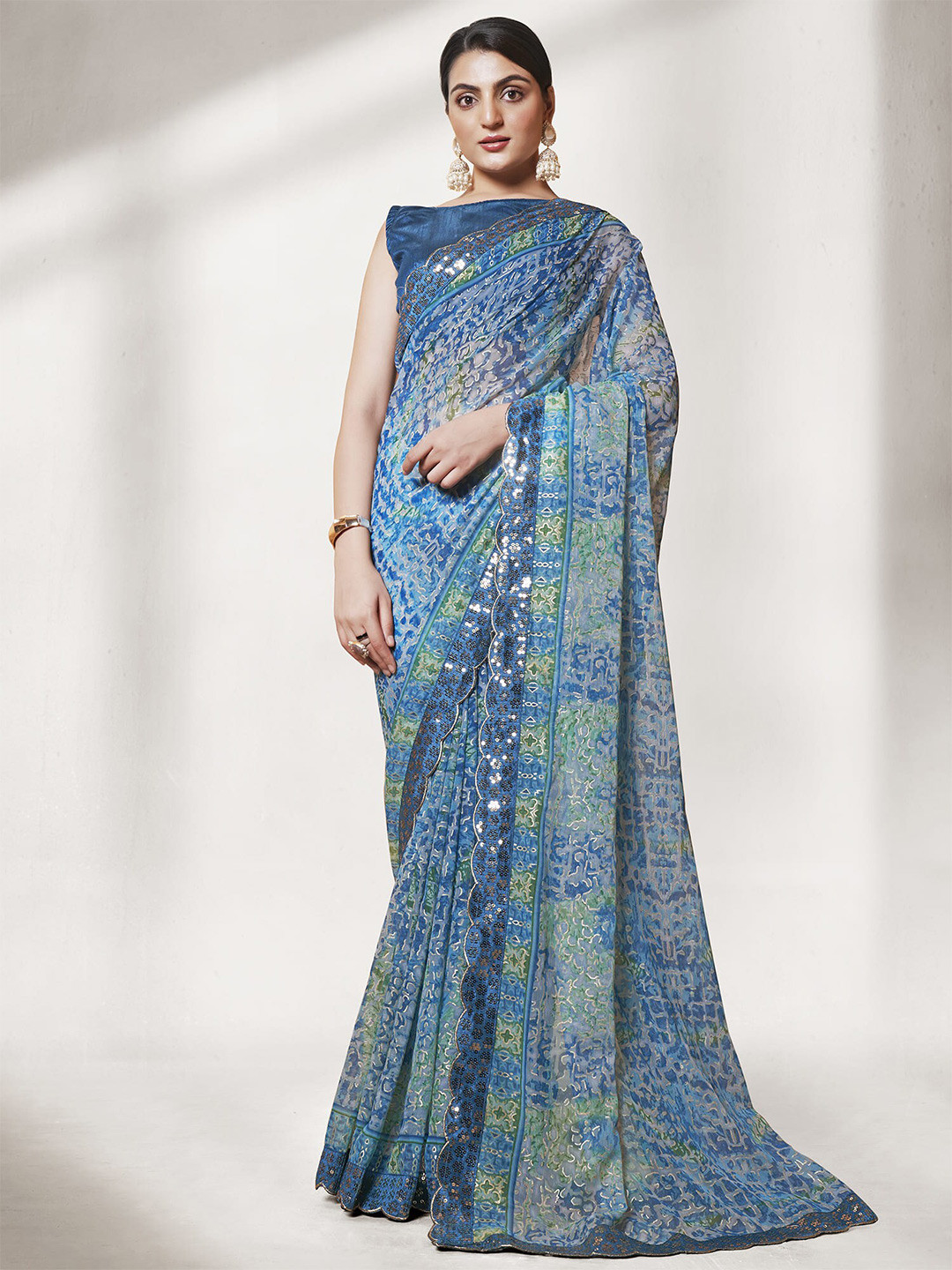 

Kalista Blue Abstract Printed Sequin Embellished Pure Georgette Saree