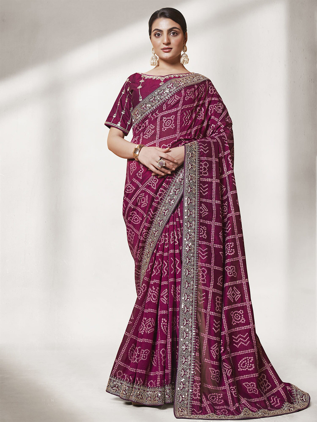 

Kalista Burgundy Bandhani Printed Sequinned Pure Georgette Saree
