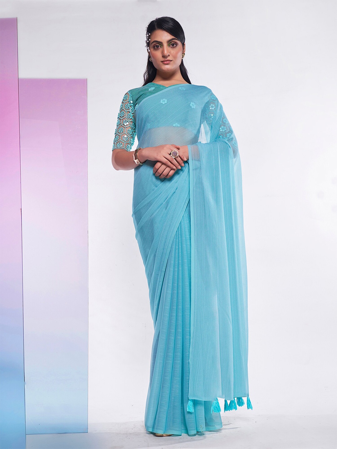 

Kalista Blue Self Designed Pure Georgette Saree, Turquoise blue