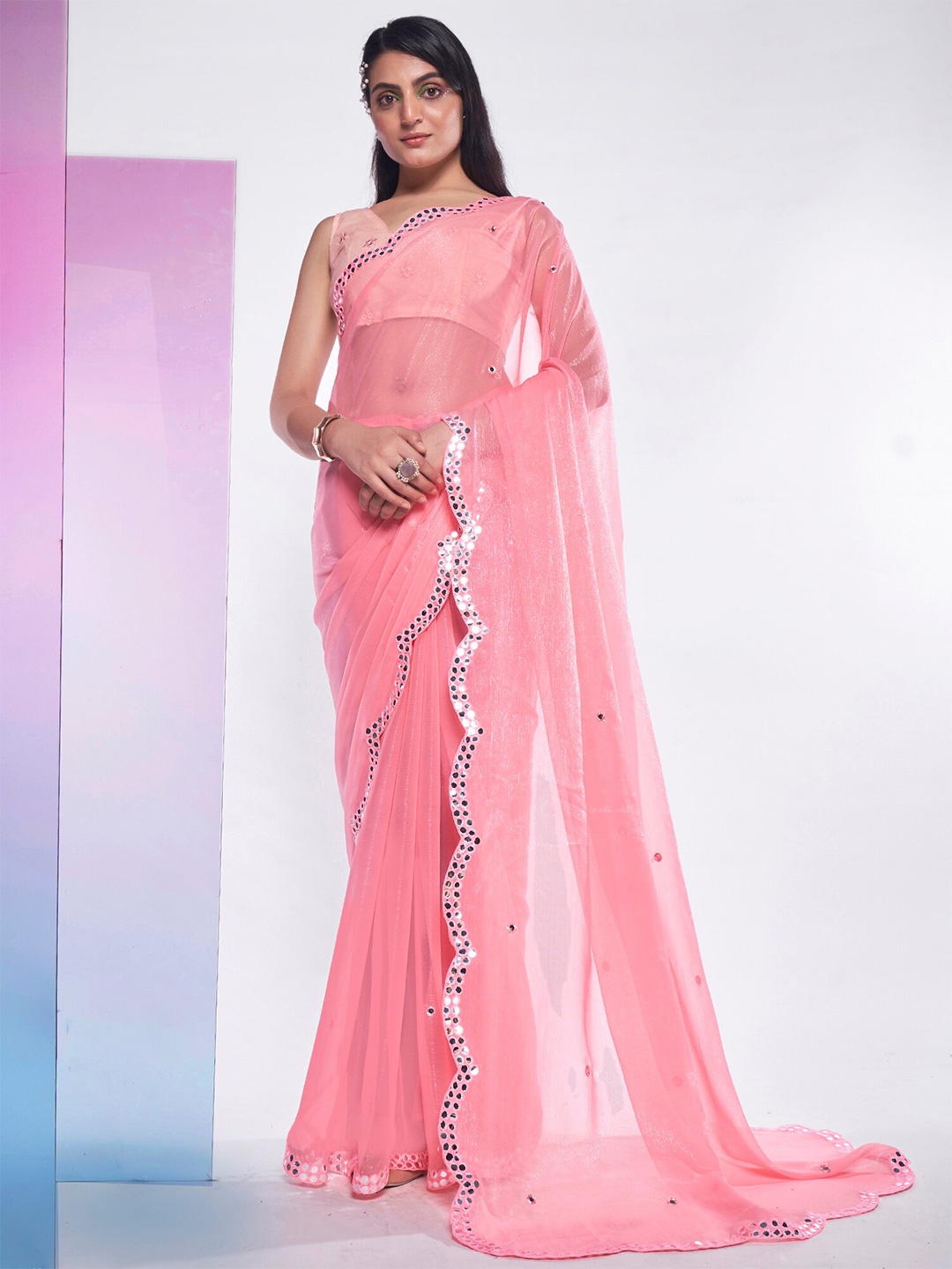 

Kalista Pink Mirror Work Embellished Pure Georgette Saree