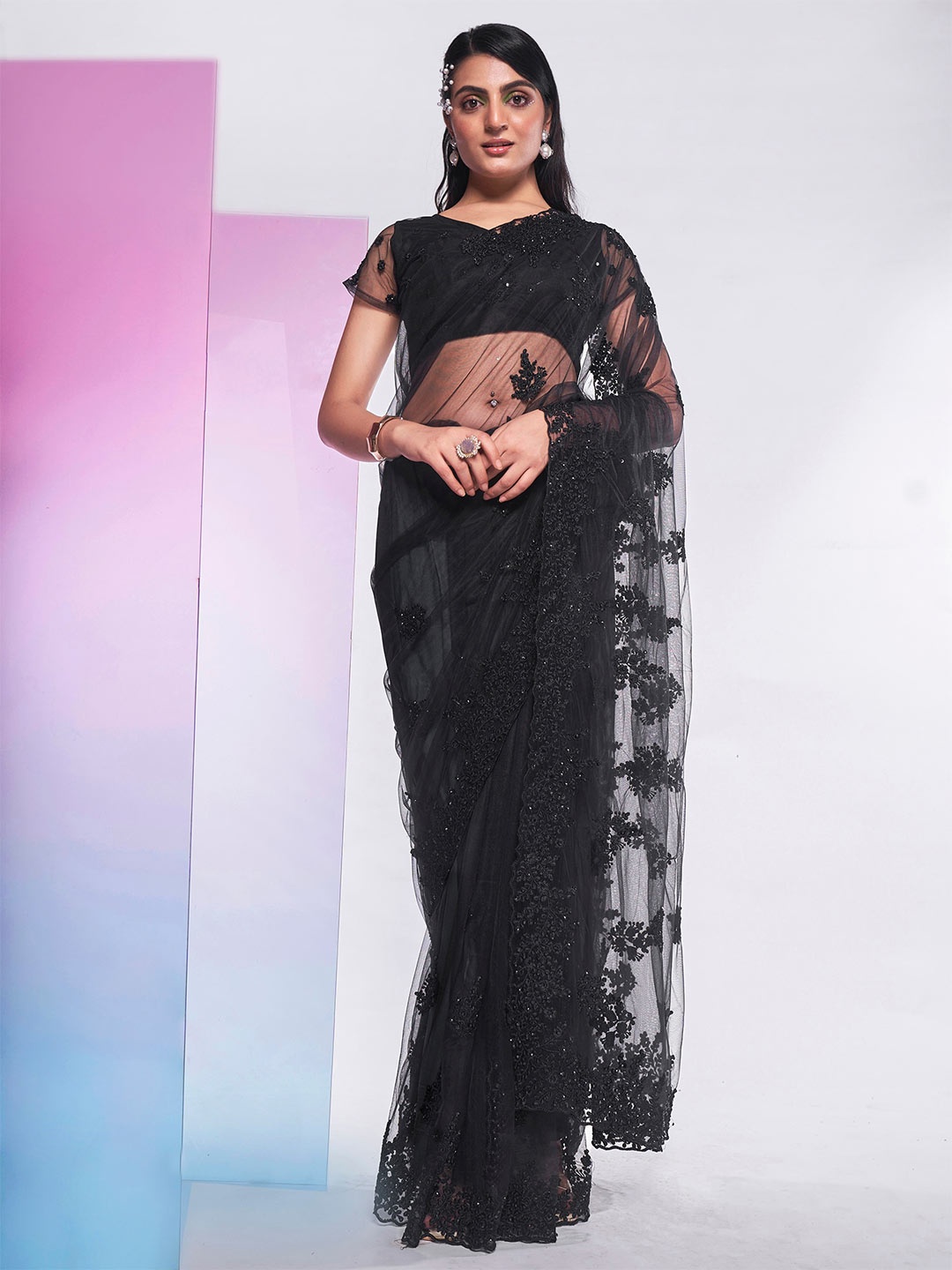

Kalista Black Floral Embroidered Net Saree