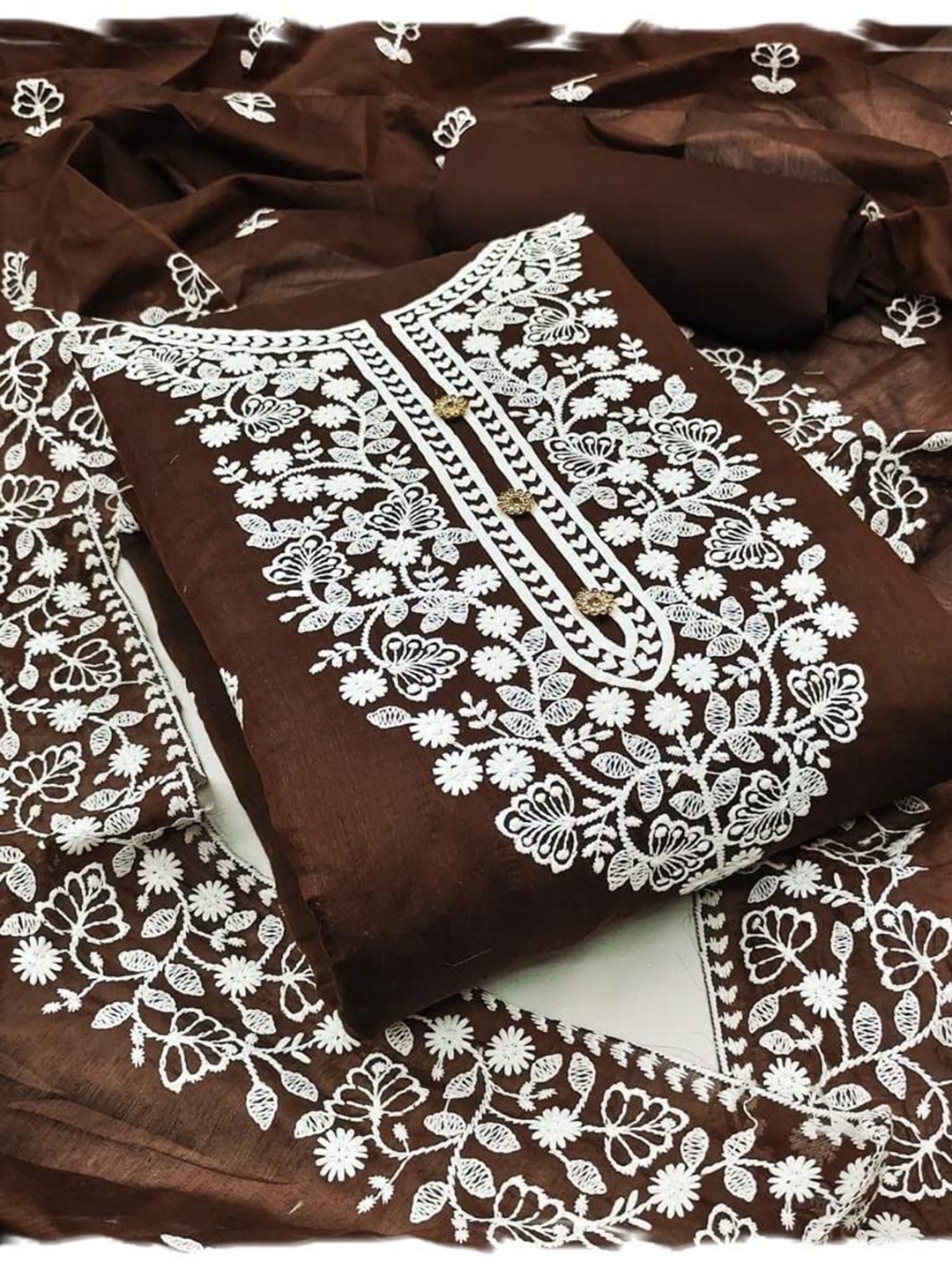 

Sidhidata Floral Embroidered Unstitched Dress Material, Coffee brown