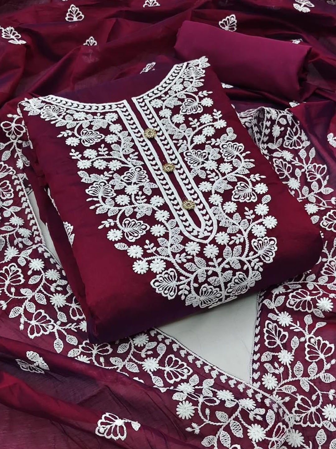 

Sidhidata Embroidered Unstitched Dress Material, Burgundy