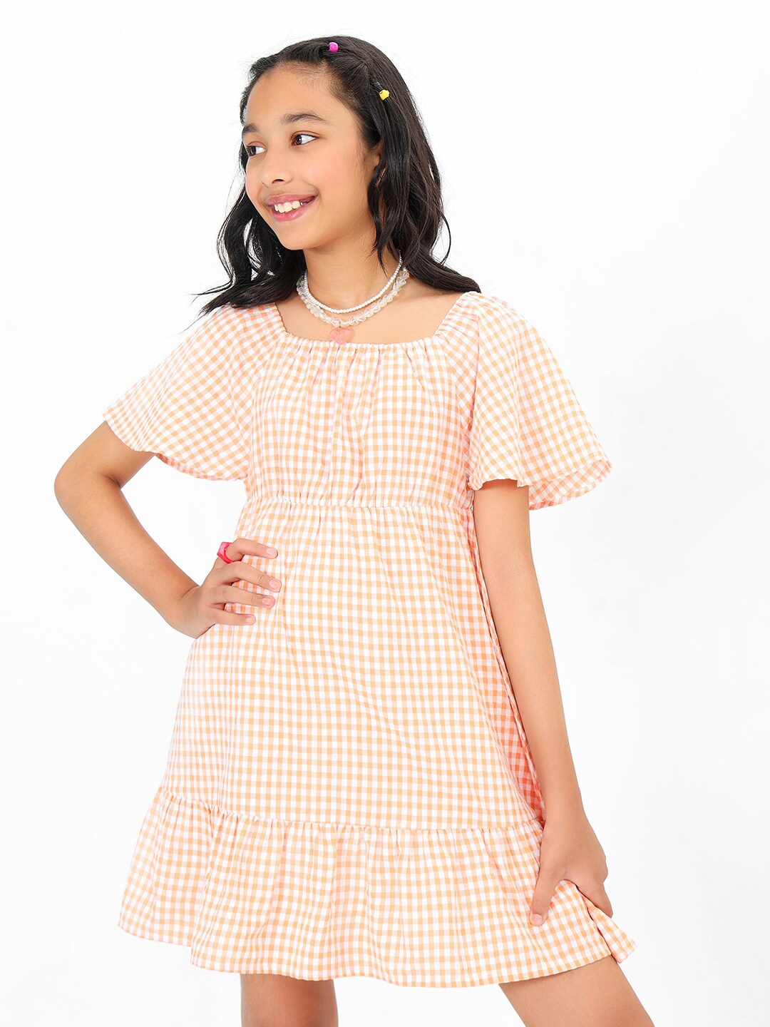 

BONKIDS Girls Checked Flared Sleeve Gathered Cotton Drop Waist Dress, Beige