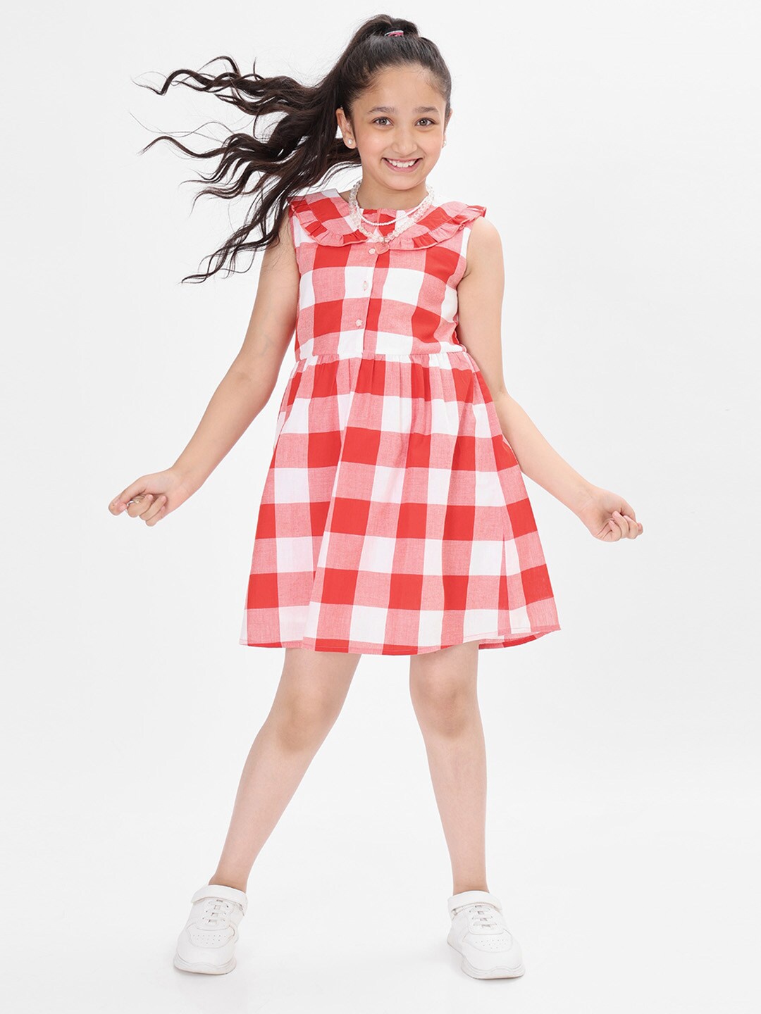 

BONKIDS Girls Checked Above The Keyboard Collar Neck Gathered Cotton Fit & Flare Dress, White