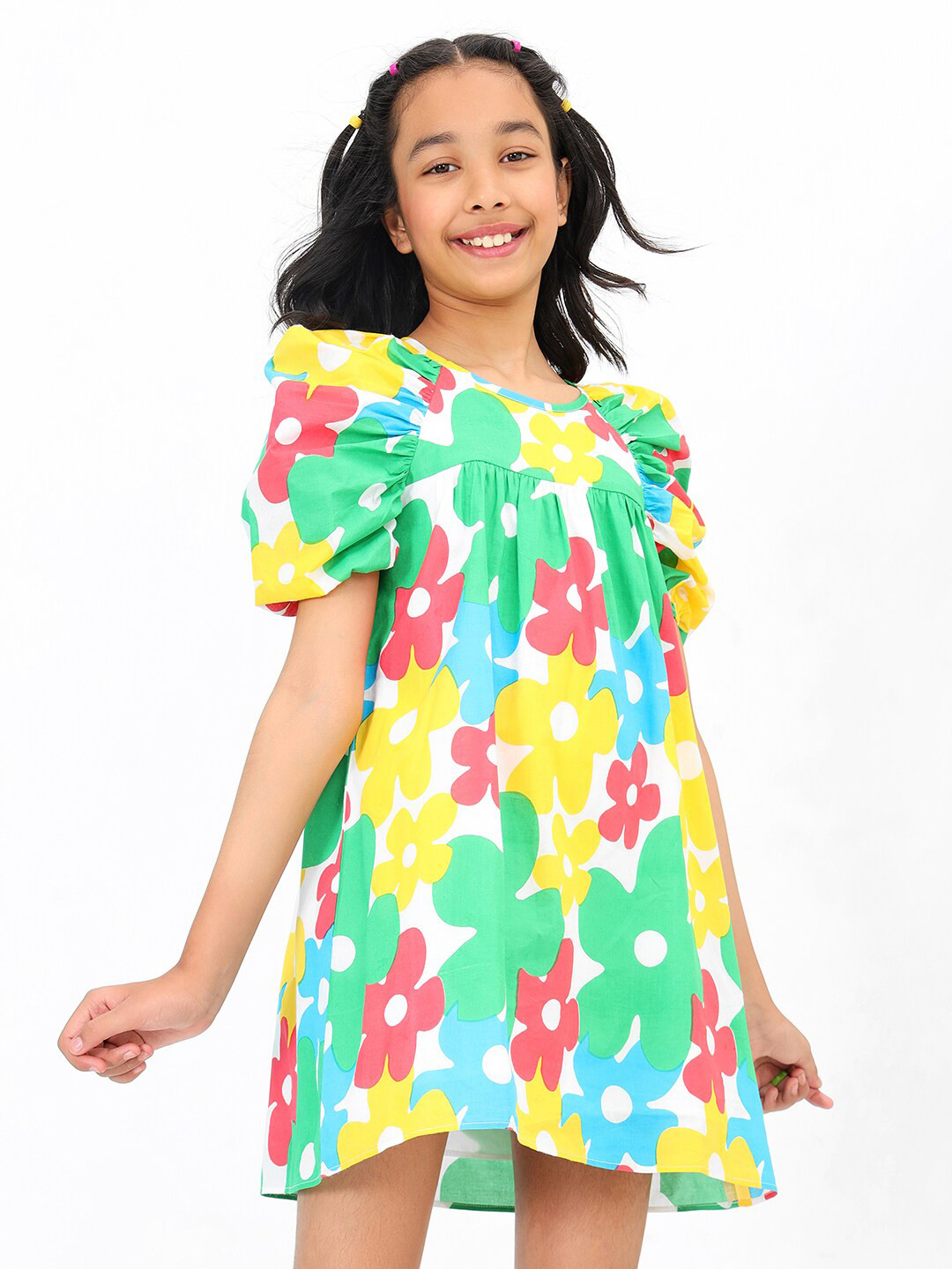 

BONKIDS Girls Floral Printed Puff Sleeve Cotton Empire Dress, White