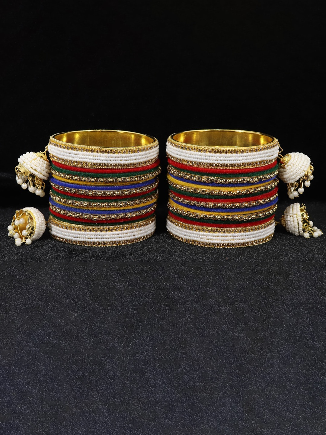 

NMII Set Of 32 Zircon-Studded & Latkan Bangles, Gold