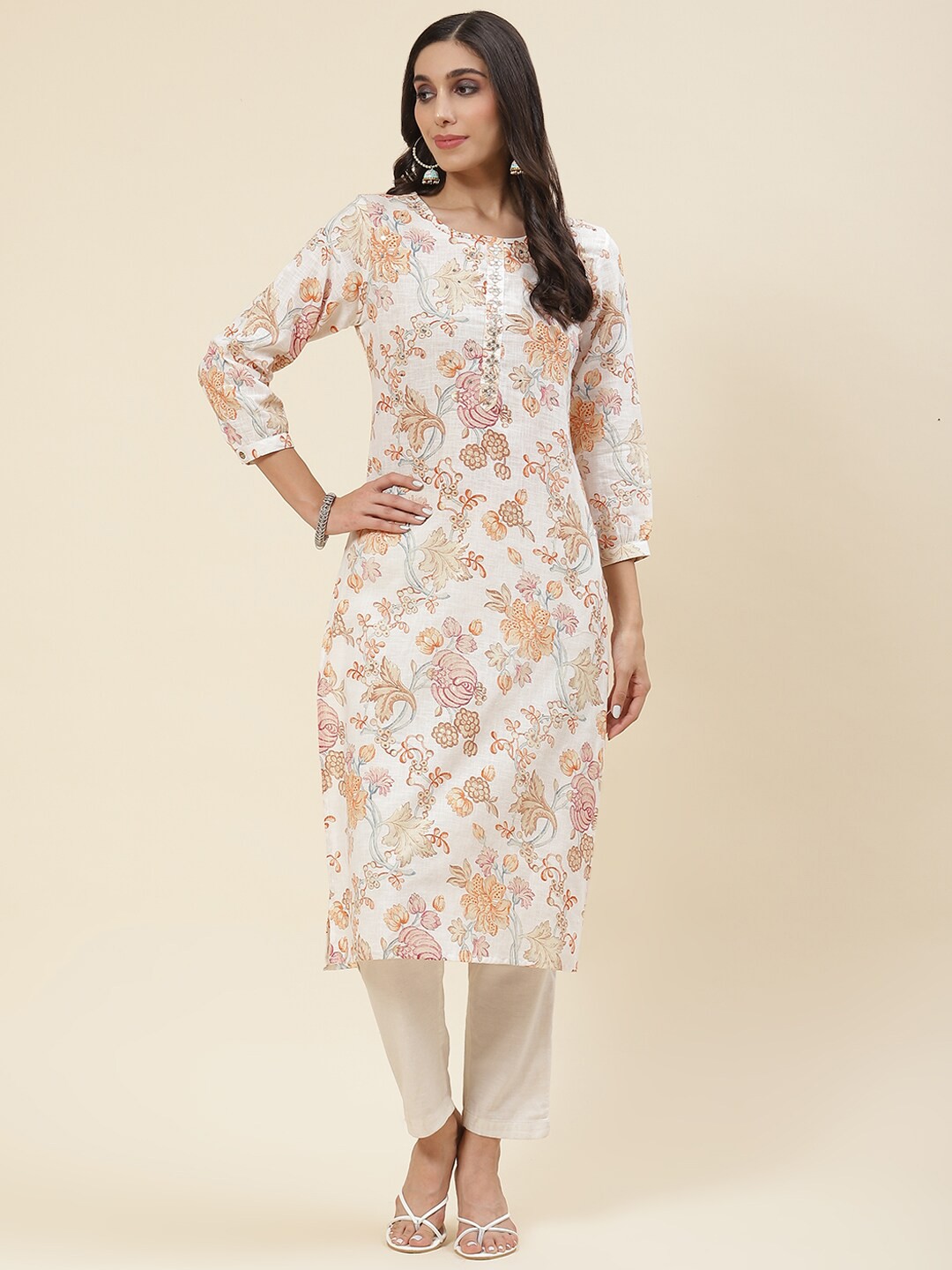

Meena Bazaar Floral Printed Puff Sleeves Sequinned Kurta, Cream