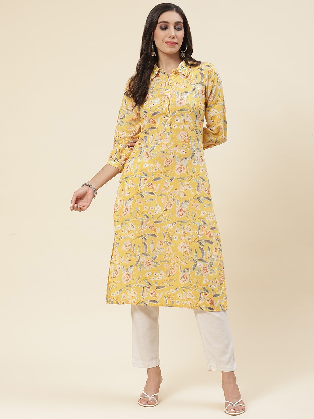 

Meena Bazaar Floral Printed Shirt Collar Puff Sleeves Kurta, Mustard