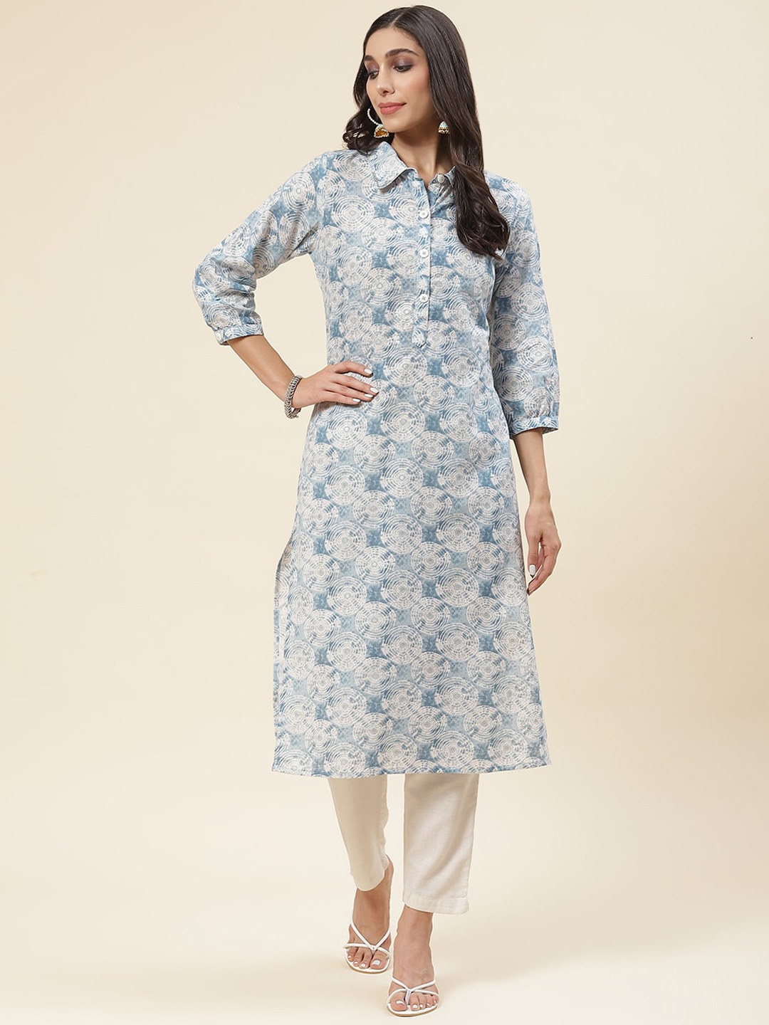 

Meena Bazaar Geometric Printed Shirt Collar Puff Sleeves Thread Work Kurta, Blue