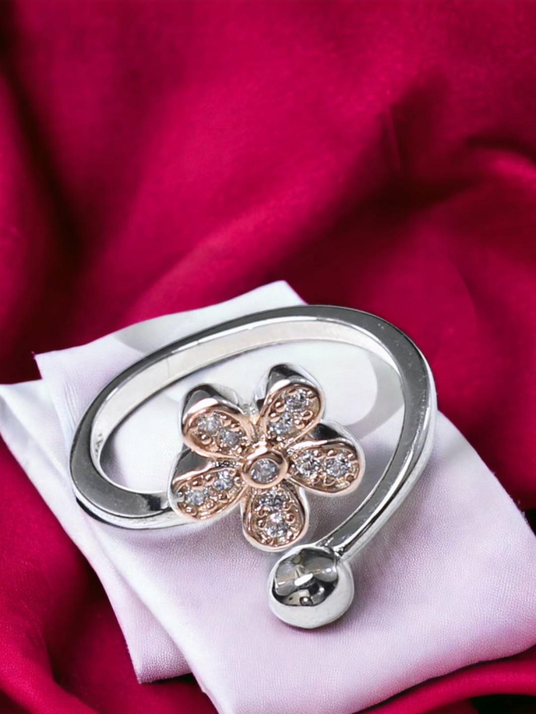 

Taraash 925 Sterling Silver Rose Gold-Plated CZ Studded & Beaded Finger Ring
