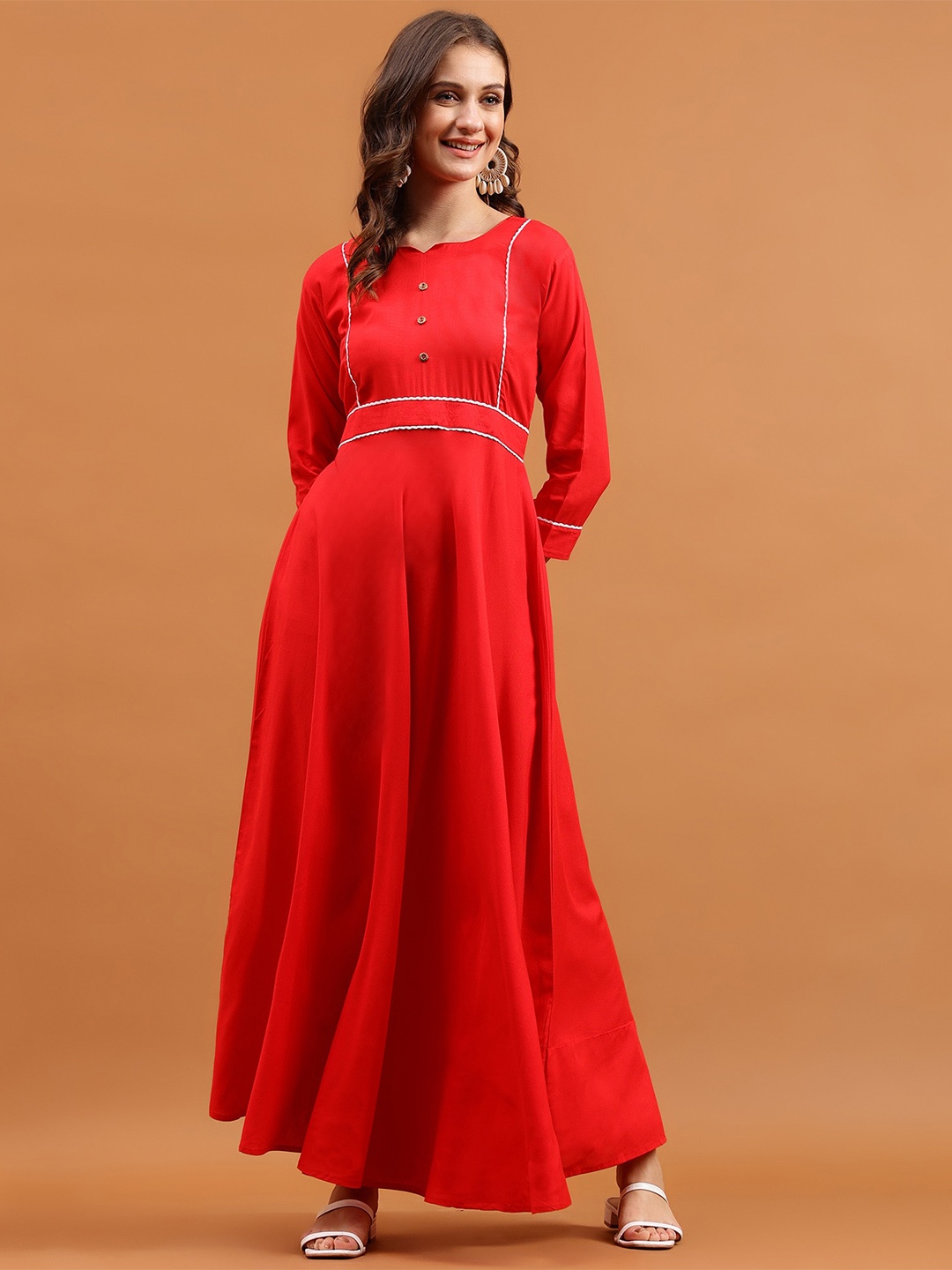 

Globon Impex Boat Neck Regular sleeves A-line Maxi Dress, Red