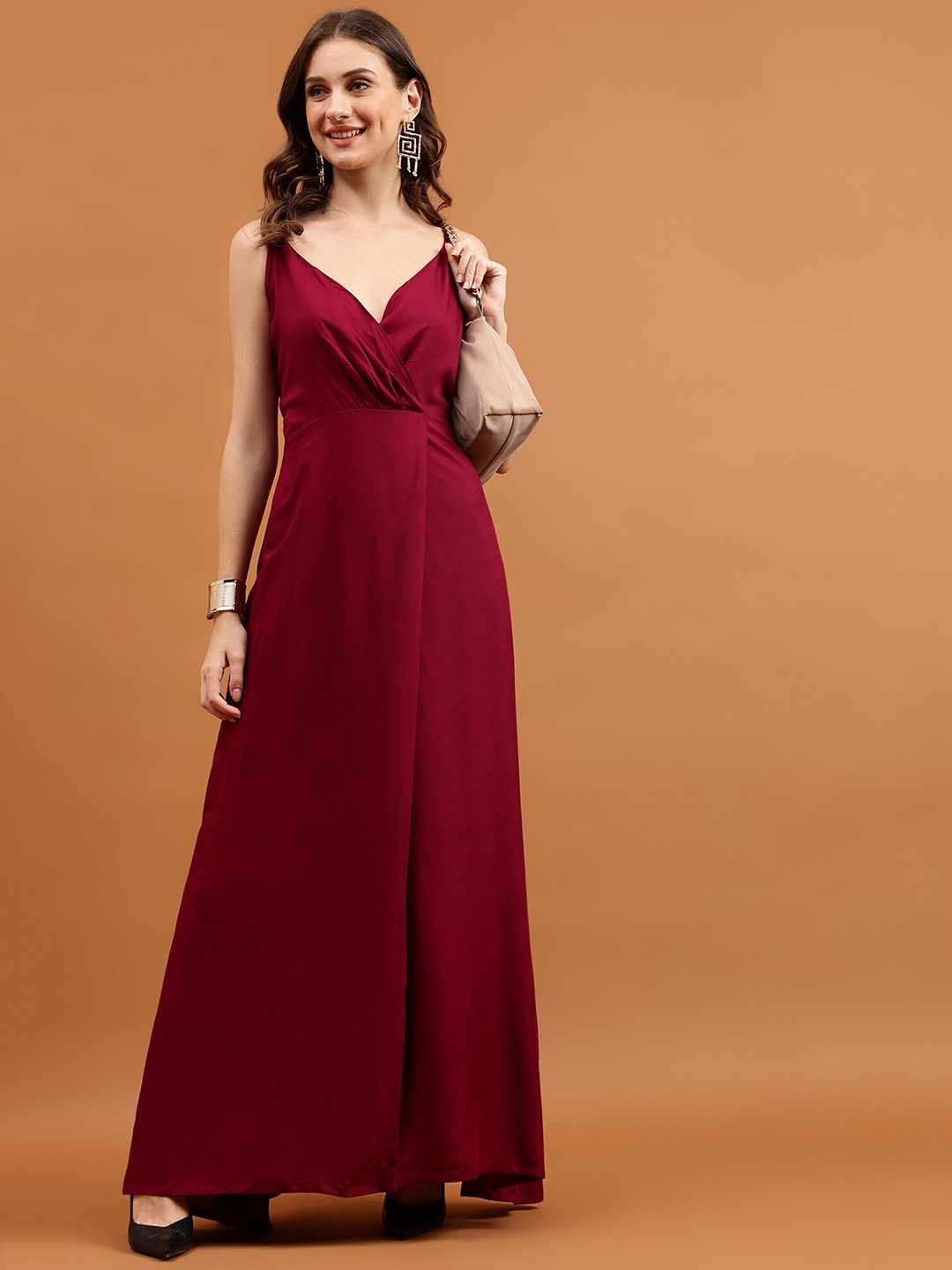 

Globon Impex V-Neck Shoulder Straps Fit & Flare Maxi Dress, Maroon