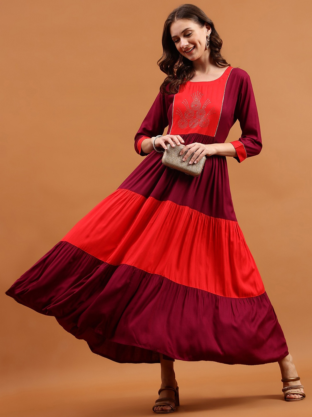 

Globon Impex Colourblocked Round Neck Tiered Fit & Flare Maxi Ethnic Dress, Red