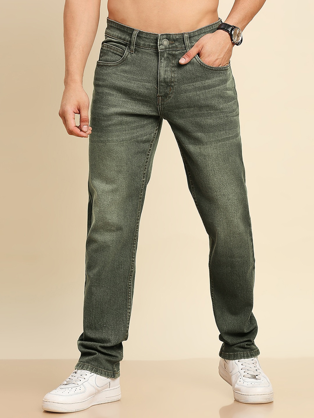 

Moda Rapido Men Mid-Rise Smart Heavy Fade Clean Look Stretchable Jeans, Olive