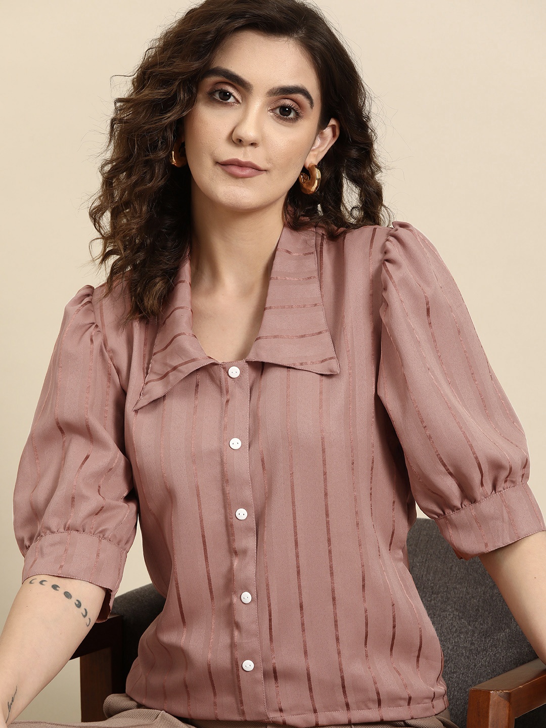 

all about you Striped Puff Sleeve Crepe Top, Brown