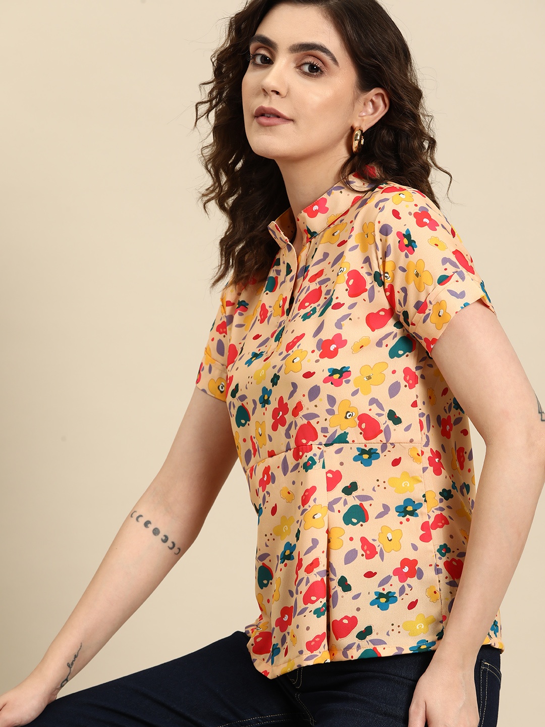 

all about you Floral Print Mandarin Collar Crepe Top, Yellow