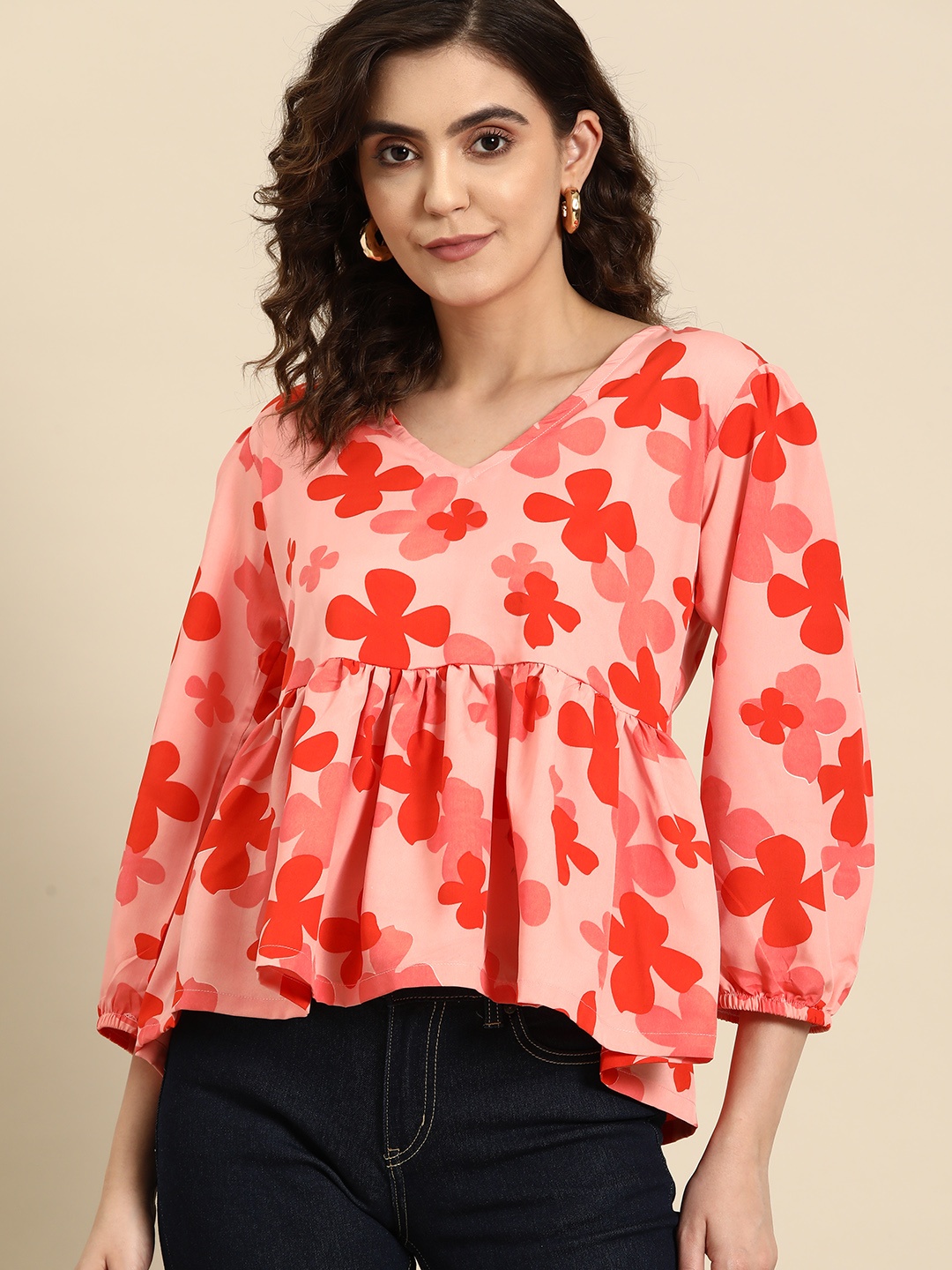 

all about you Floral Print Crepe Peplum Top, Peach