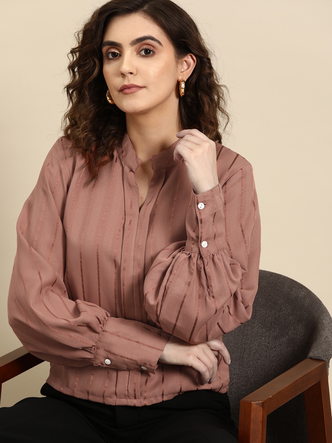 

all about you Striped Mandarin Collar Puff Sleeve Crepe Top, Brown