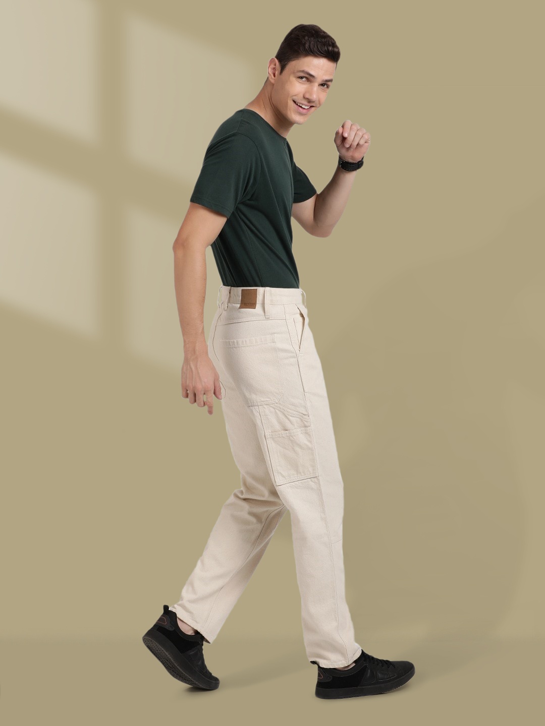 

Bene Kleed Men Mid-Rise Carpenter Style Relaxed Fit Pure Cotton Jeans, Cream