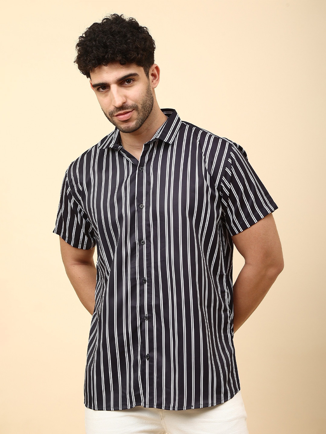 

Fashion FRICKS Striped Opaque Casual Shirt, Black