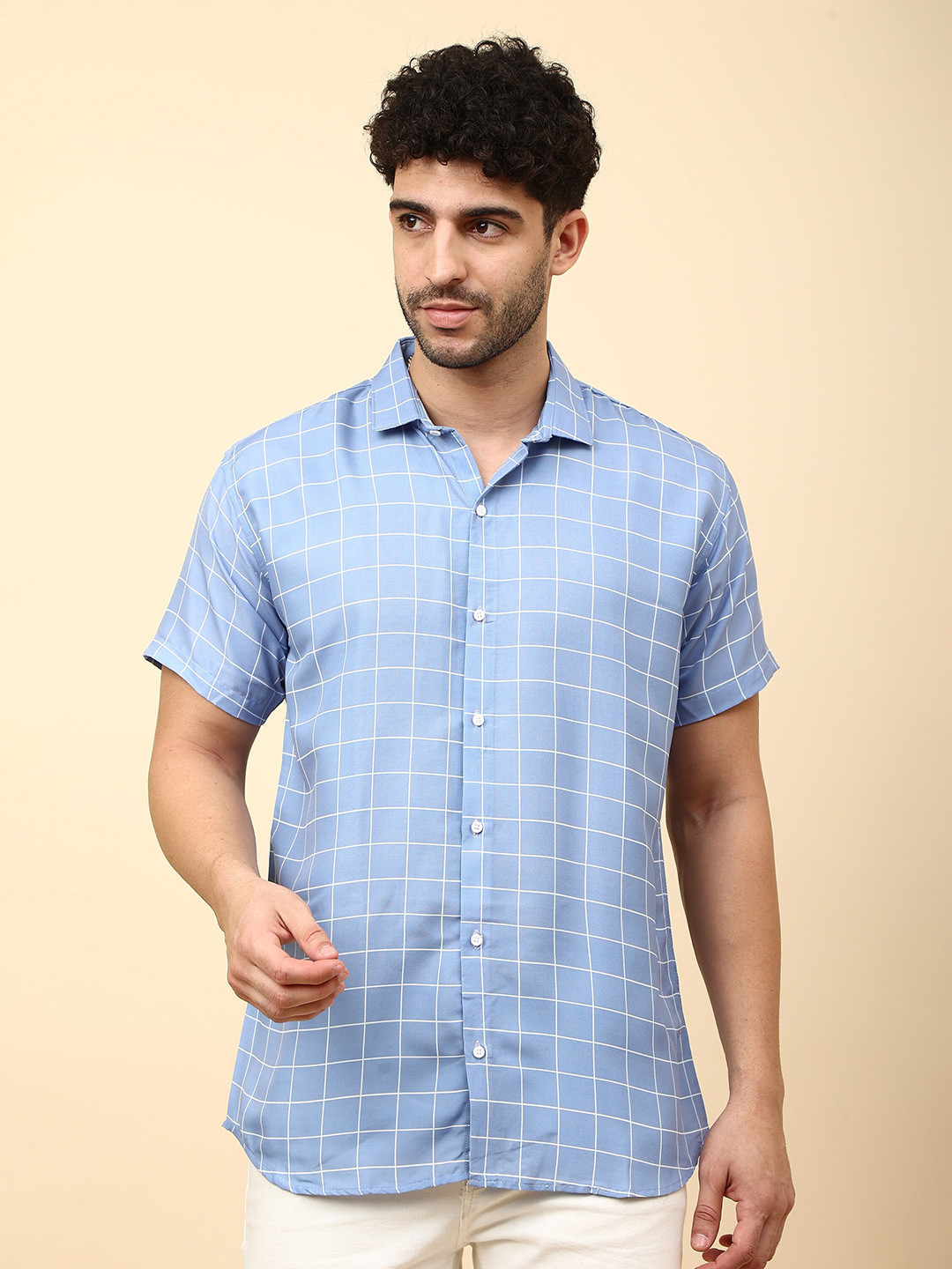

Fashion FRICKS Windowpane Checked Opaque Casual Shirt, Blue