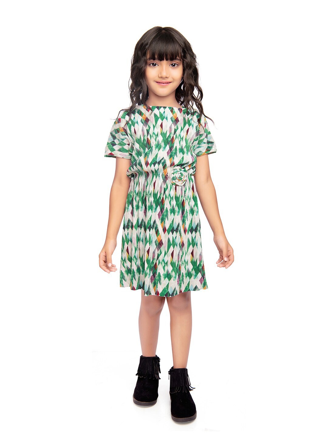 

Tiny Kingdom Girls Geometric Printed Accordion Pleats Extended Sleeves Blouson Dress, Off white