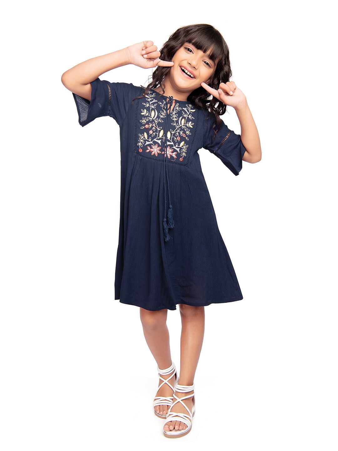

Tiny Kingdom Girls Embroidered Round Neck Schiffli Cotton A-Line Dress, Blue