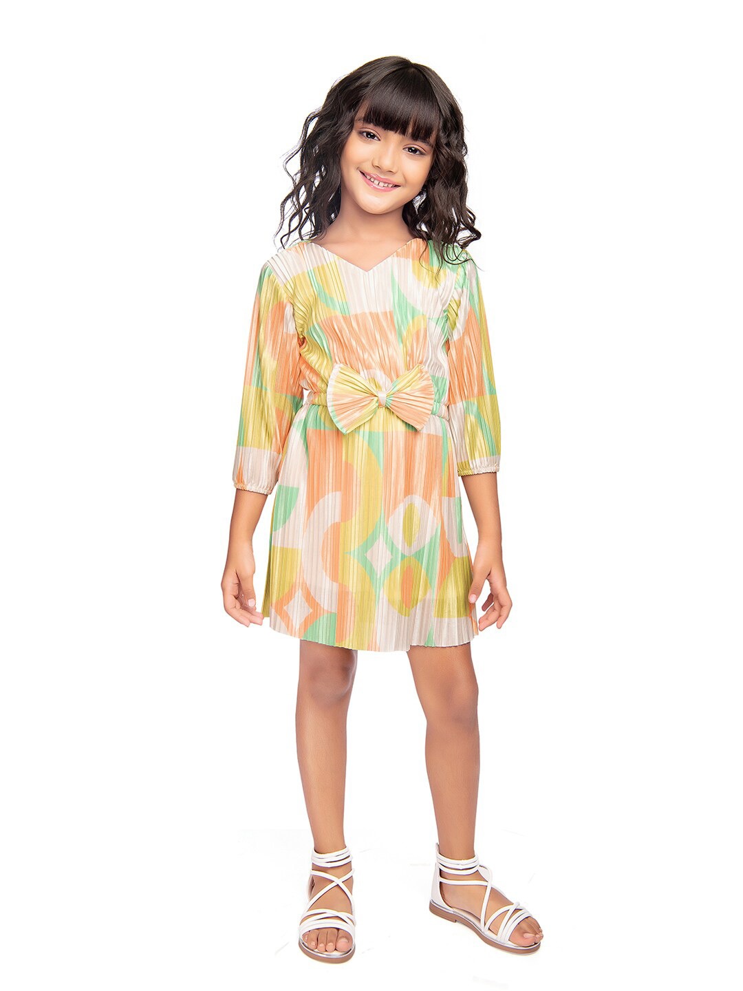 

Tiny Kingdom Girls Geometric Printed Accordion Pleats Cuffed Sleeves Blouson Dress, Green