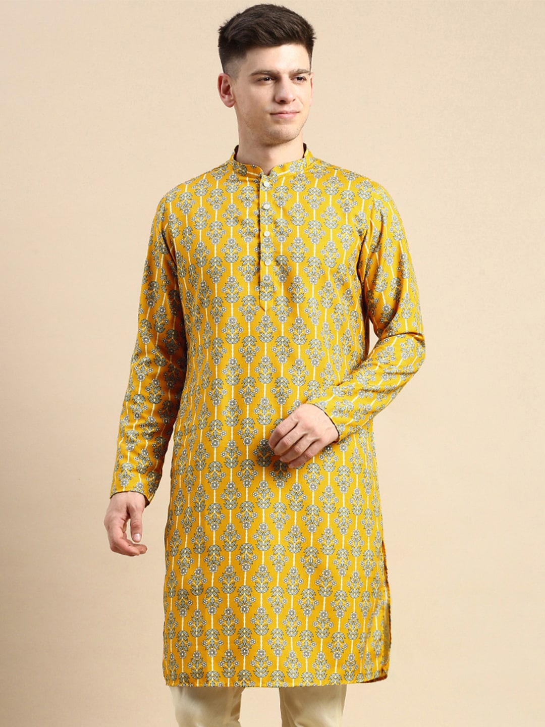 

Amodh by Kisah Ethnic Motifs Printed Mandarin Collar Kurta, Yellow