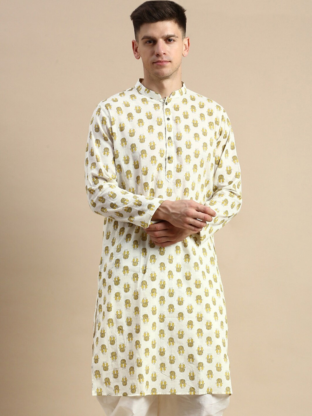 

Amodh by Kisah Ethnic Motifs Printed Mandarin Collar Kurta, Cream