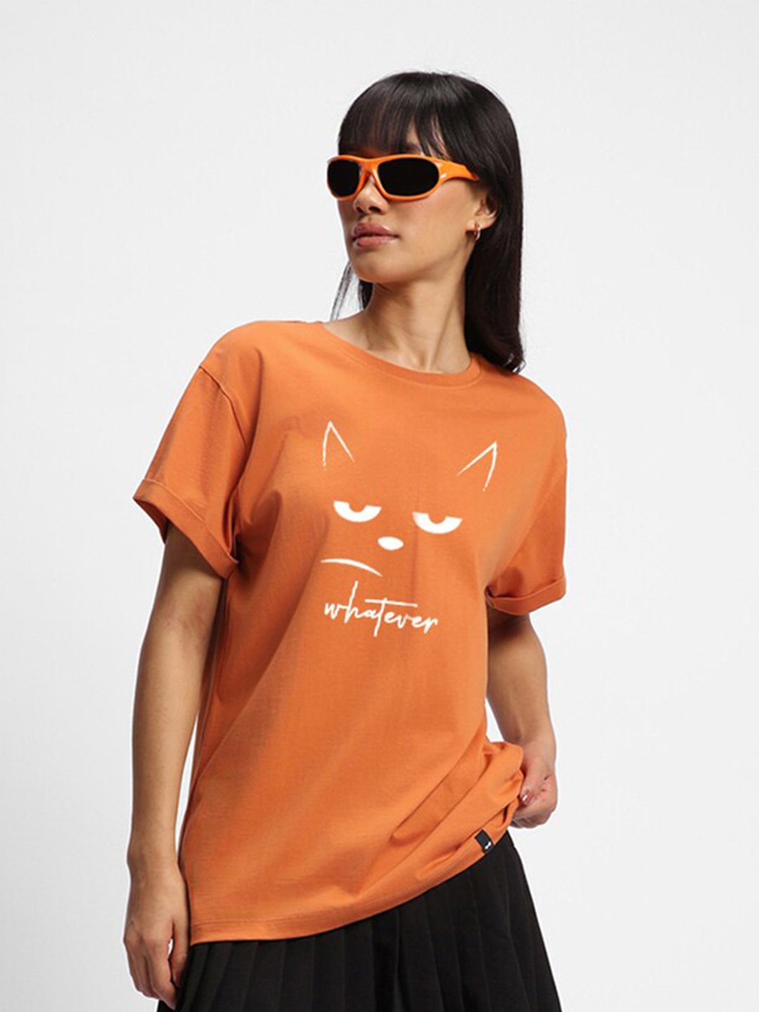 

Bewakoof Orange Whatever Cat Graphic Printed T-shirt