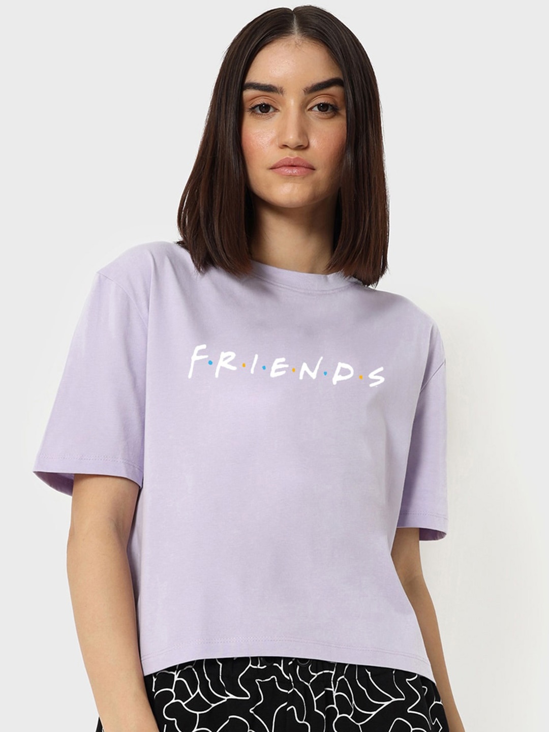 

Bewakoof Official Friends Merchandise Women Friends Logo Print Oversized Top, Lavender