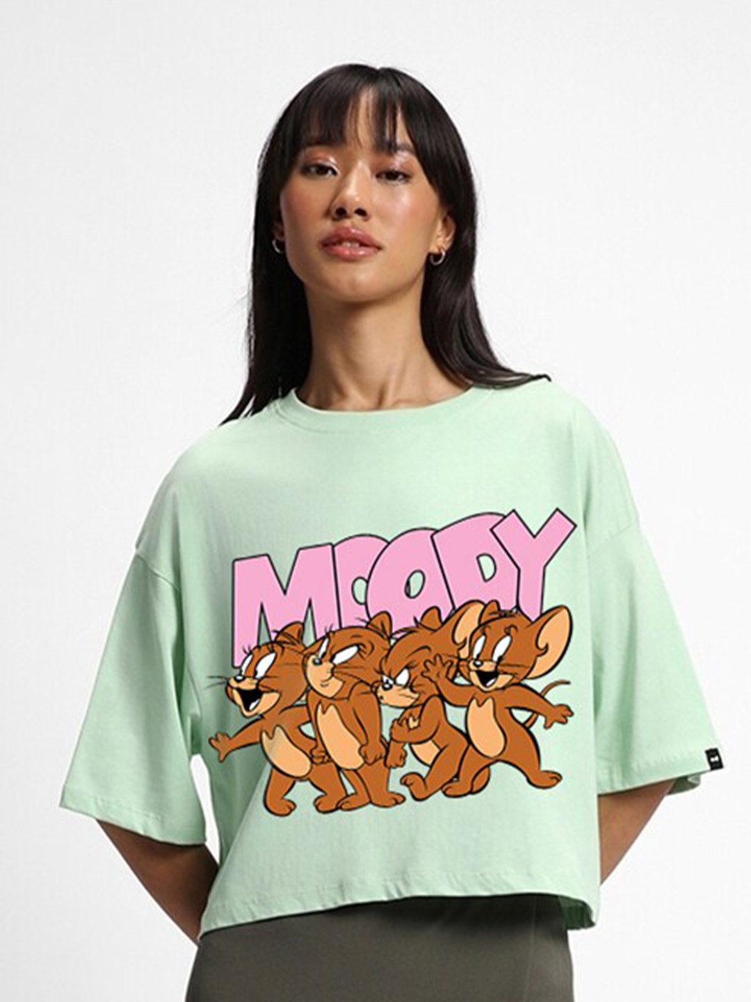 

Bewakoof Green Moody Jerry Graphic Printed Oversized Short Top, Sea green